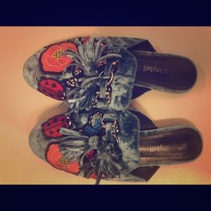 Jeffrey Campbell blue embroidered mules